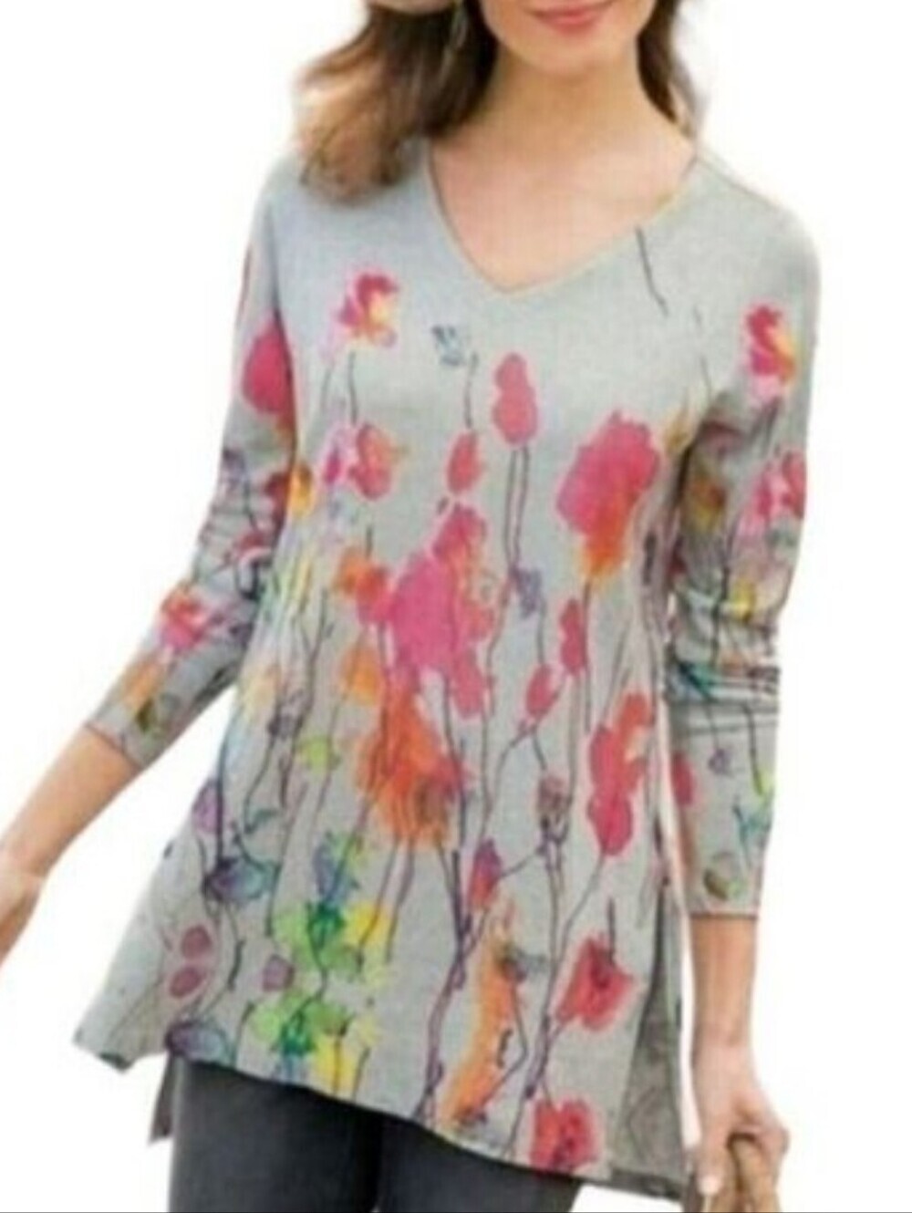 Soft Surroundings ~Woman Size S~ Gray/Orange Floral Long Sleeve Tunic Side Slits